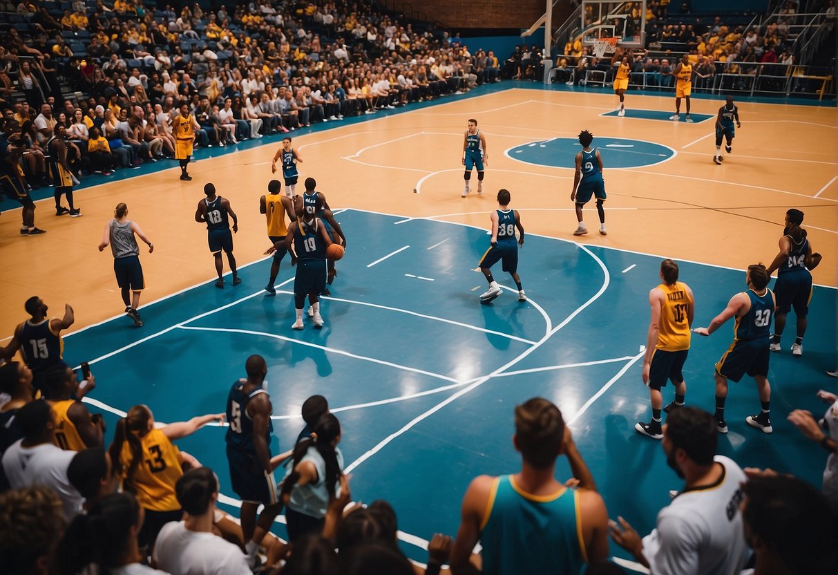 A basketball court filled with diverse players, fans cheering, and inclusive facilities. Community events and engagement showcase the sport's popularity