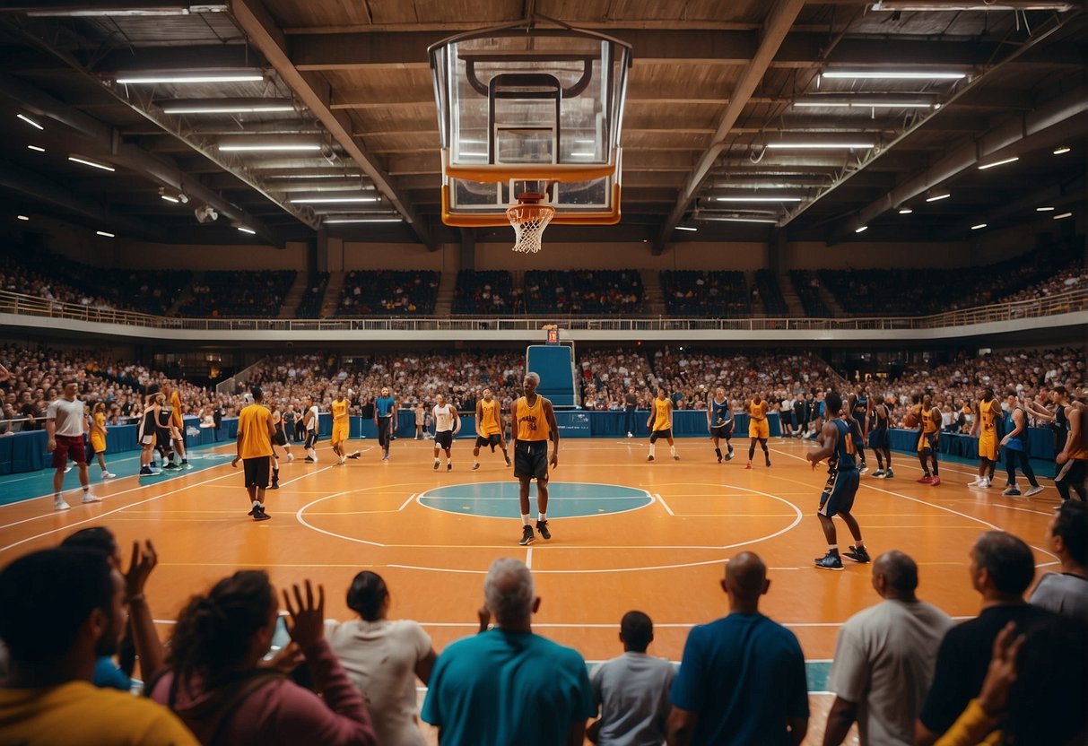 A basketball court filled with diverse players of all ages and backgrounds, enjoying the game with enthusiasm and camaraderie