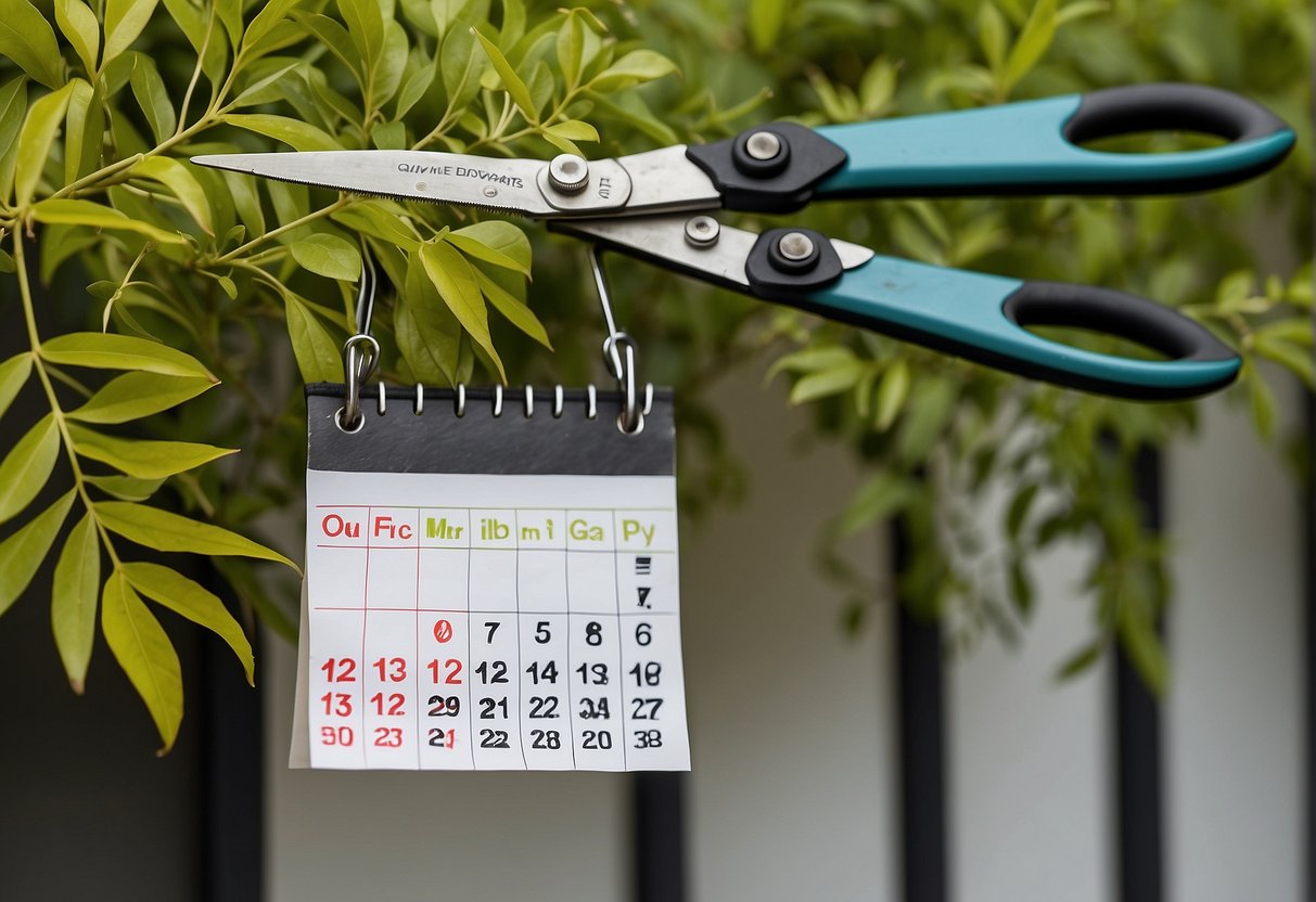 A pair of shears cutting back overgrown firebush branches in a well-maintained garden. A calendar on the wall marks the ideal pruning time
