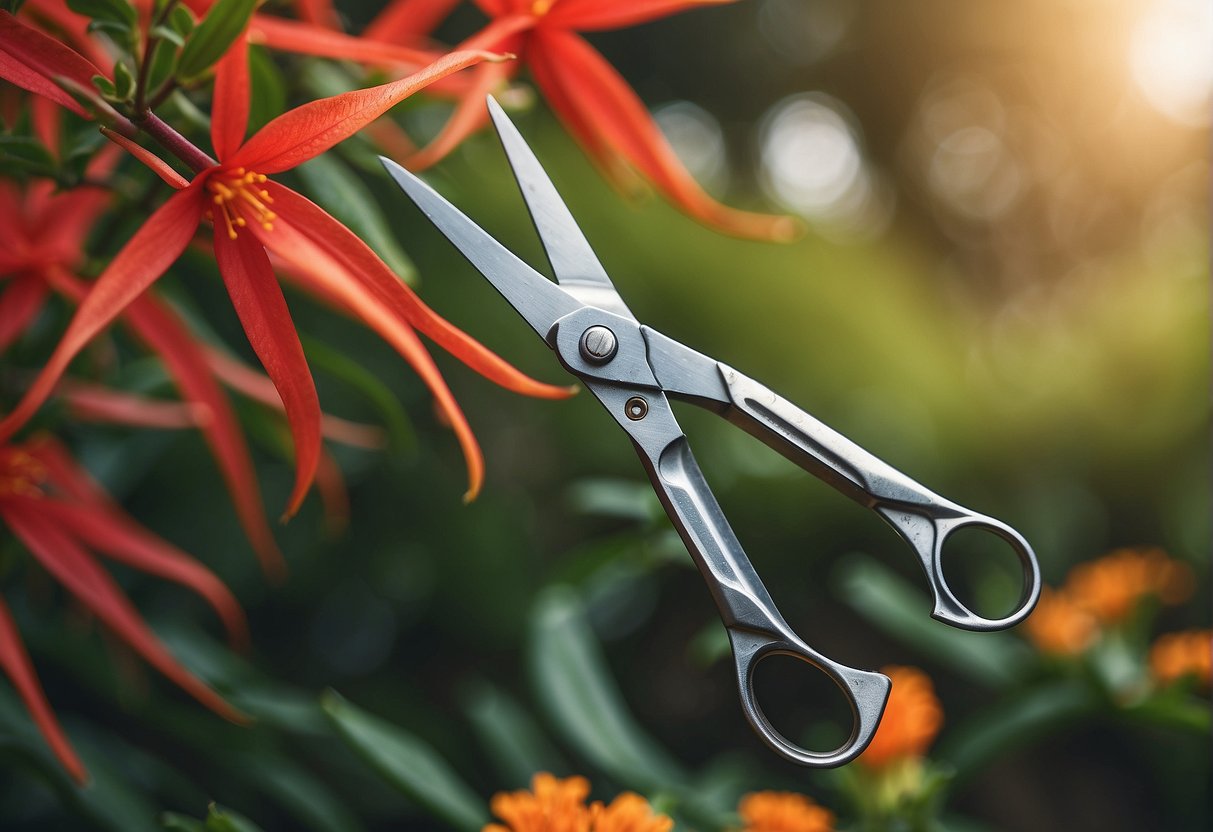 A pair of gardening shears cutting back a vibrant firebush plant in a sunny garden setting