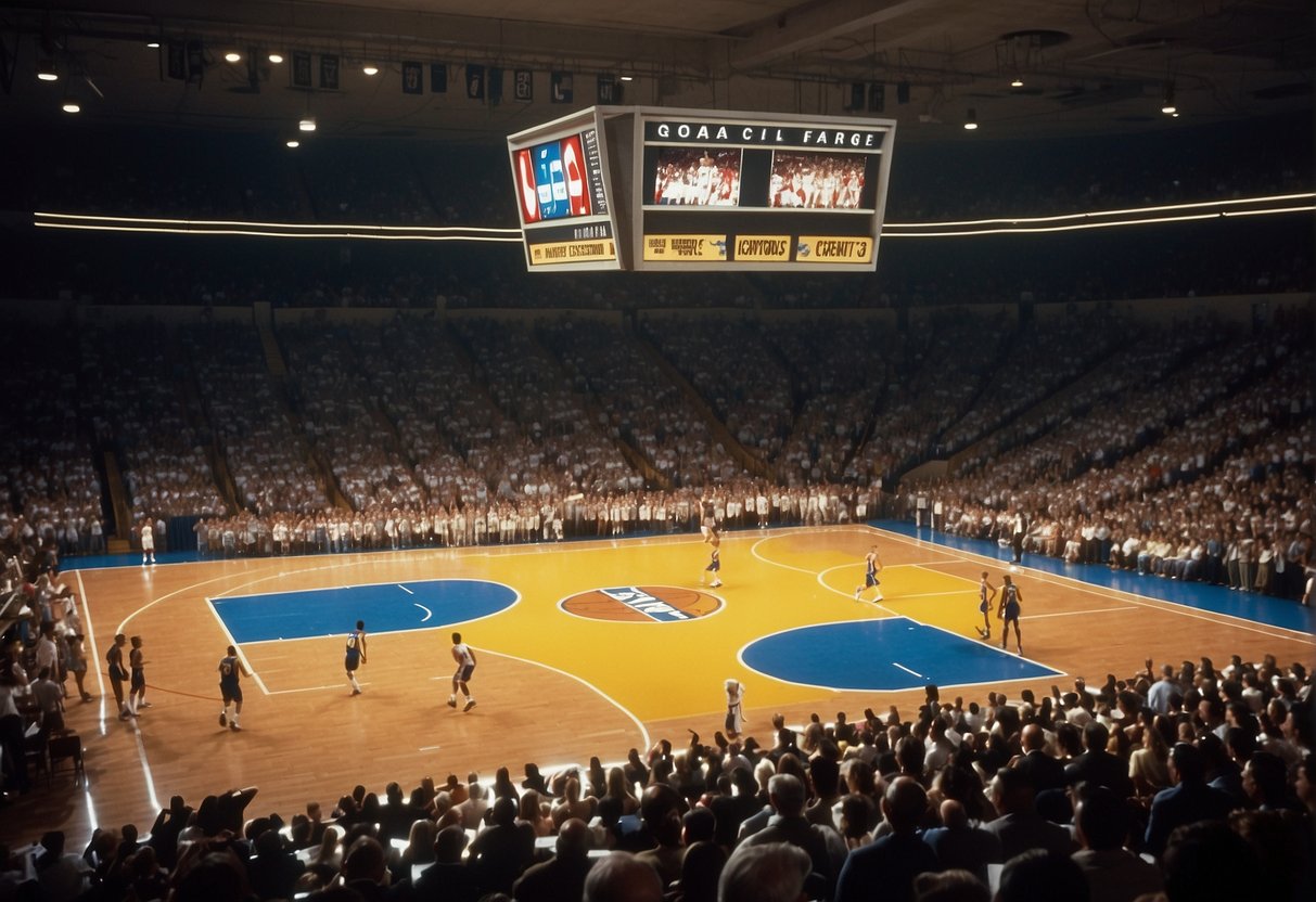 A basketball court with 8 NBA teams in 1960, each team's logo and key player jerseys displayed, with a crowd of fans cheering in the stands