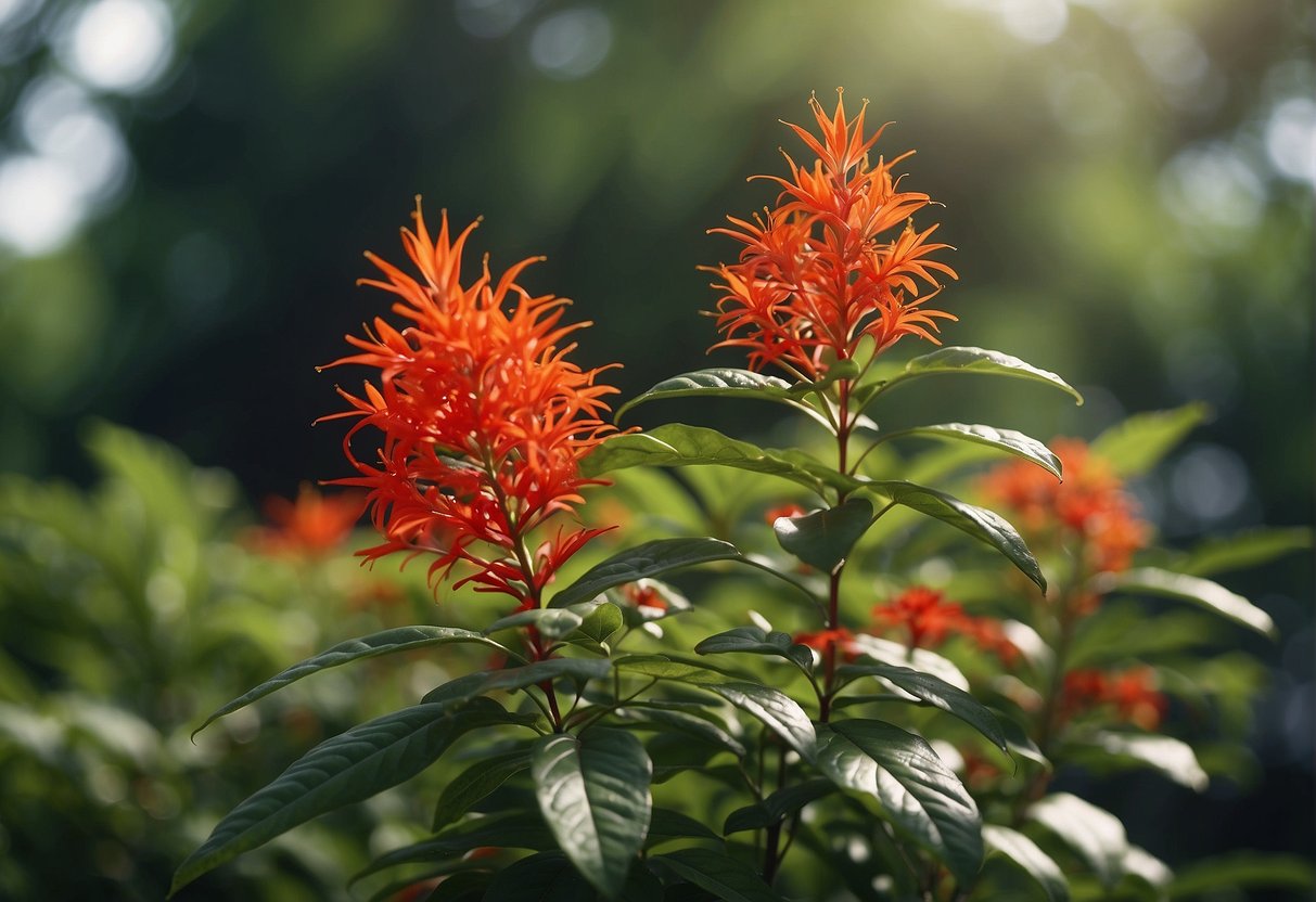 A firebush plant stands tall with bright red flowers, surrounded by lush green foliage. A gardener waters the plant with care
