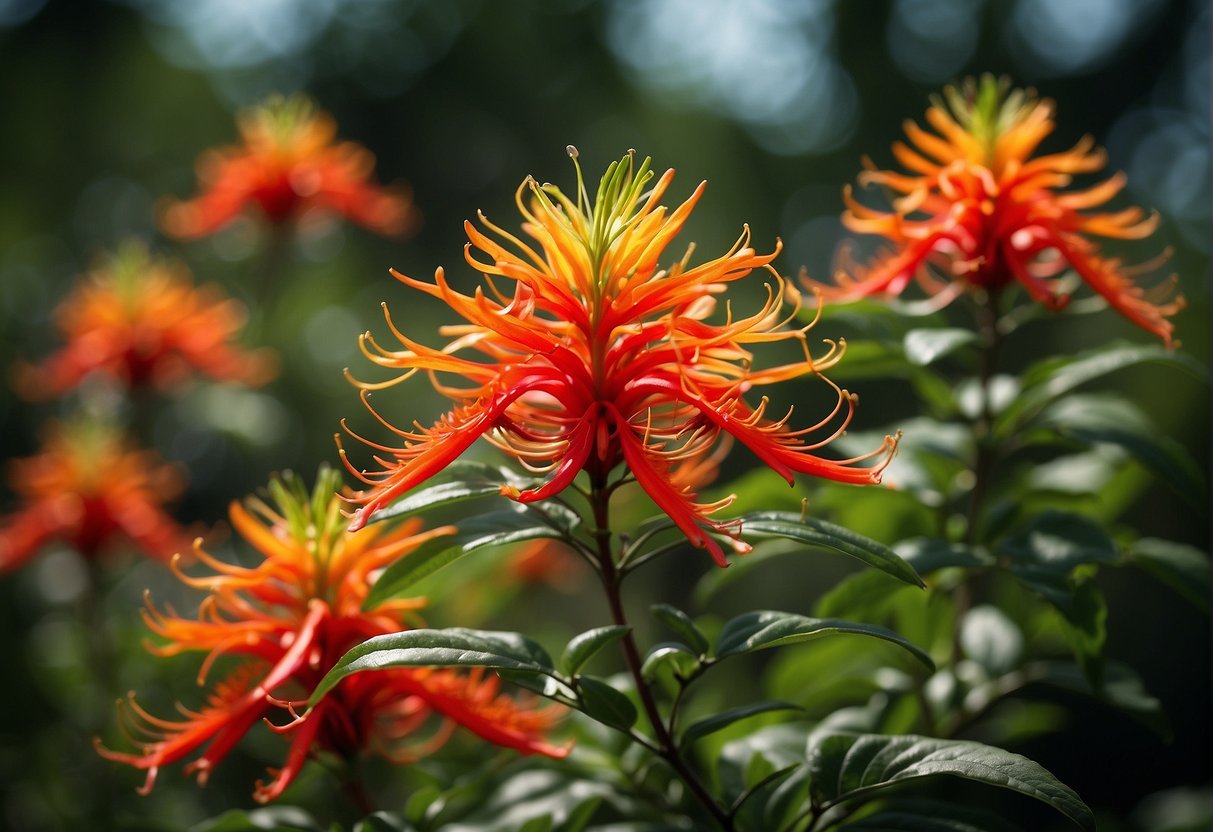 A vibrant firebush plant stands tall with bright red flowers and lush green leaves, attracting hummingbirds and butterflies