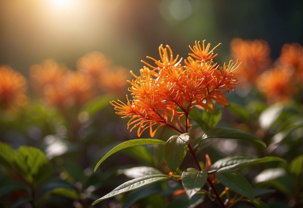 Firebush sprouts rapidly, reaching for the sun with vibrant red-orange leaves and clusters of small, tubular flowers