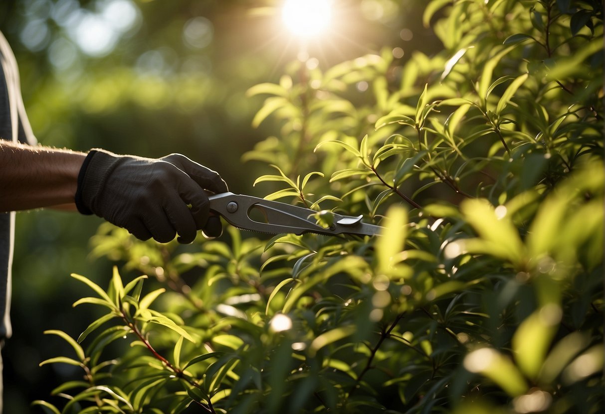 The firebush is being carefully pruned back, with the gardener using sharp shears to trim away the overgrown branches. The sun is shining, casting a warm glow on the vibrant green leaves