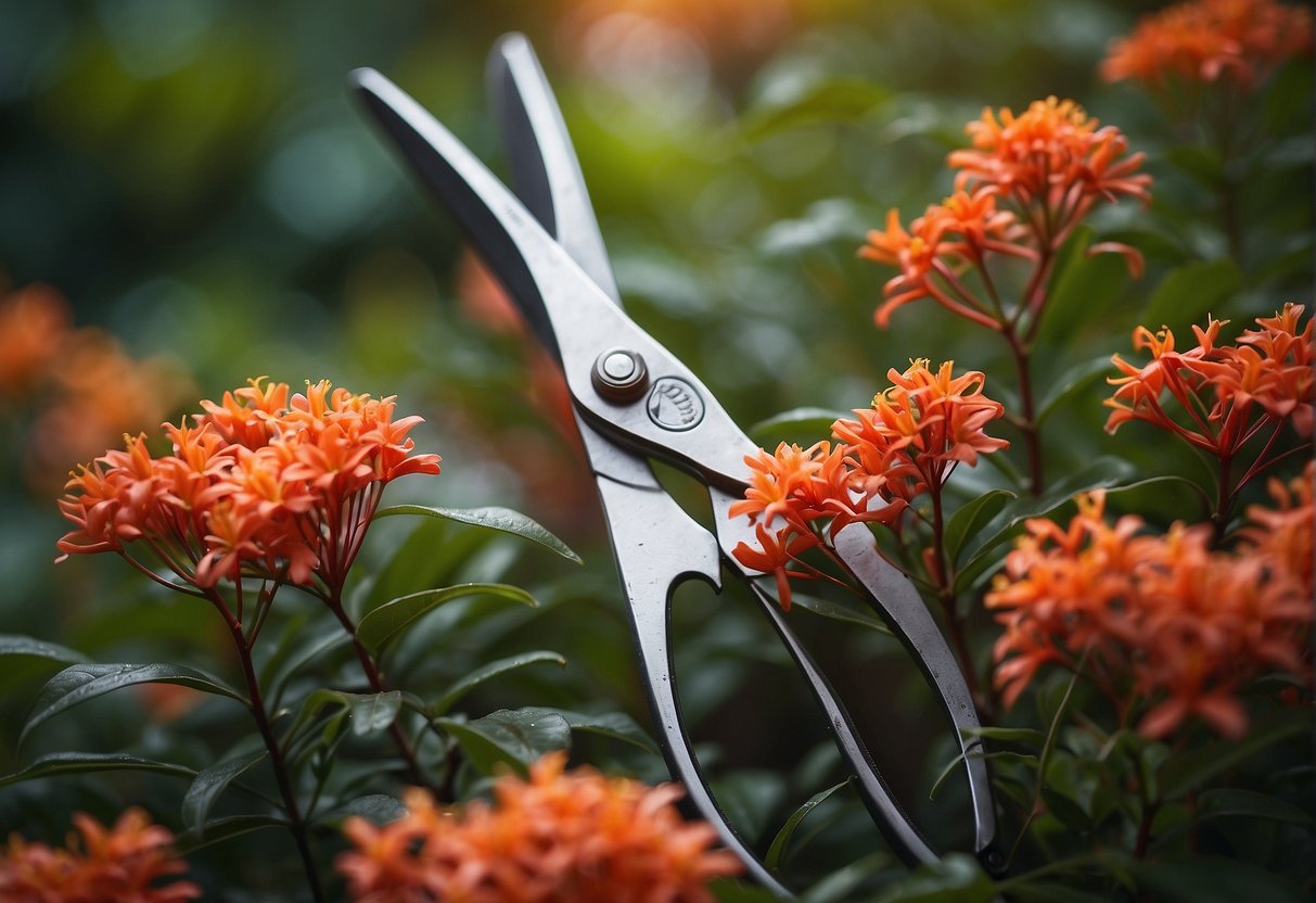 A pair of garden shears poised to trim a vibrant firebush plant