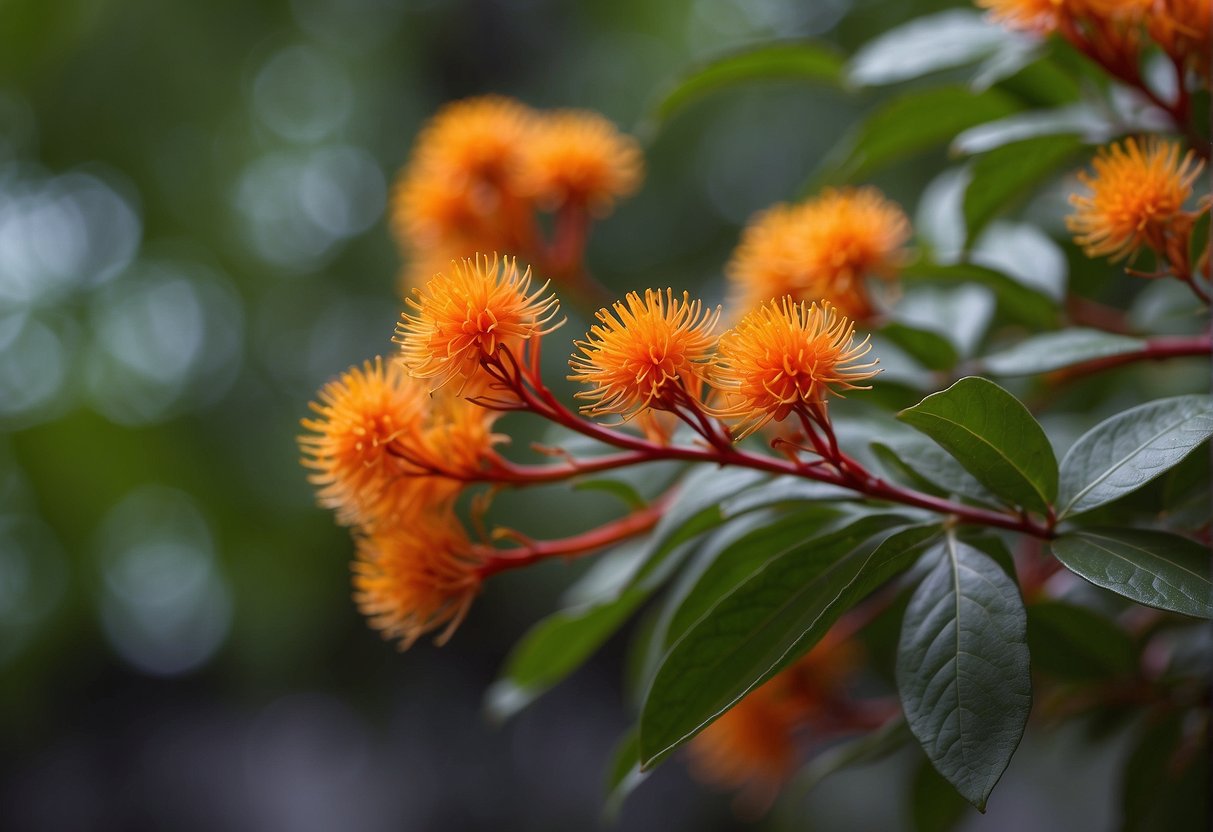 A dwarf firebush grows 2-3 feet tall with a spread of 3-4 feet. Its leaves are dark green, and it produces tubular orange-red flowers
