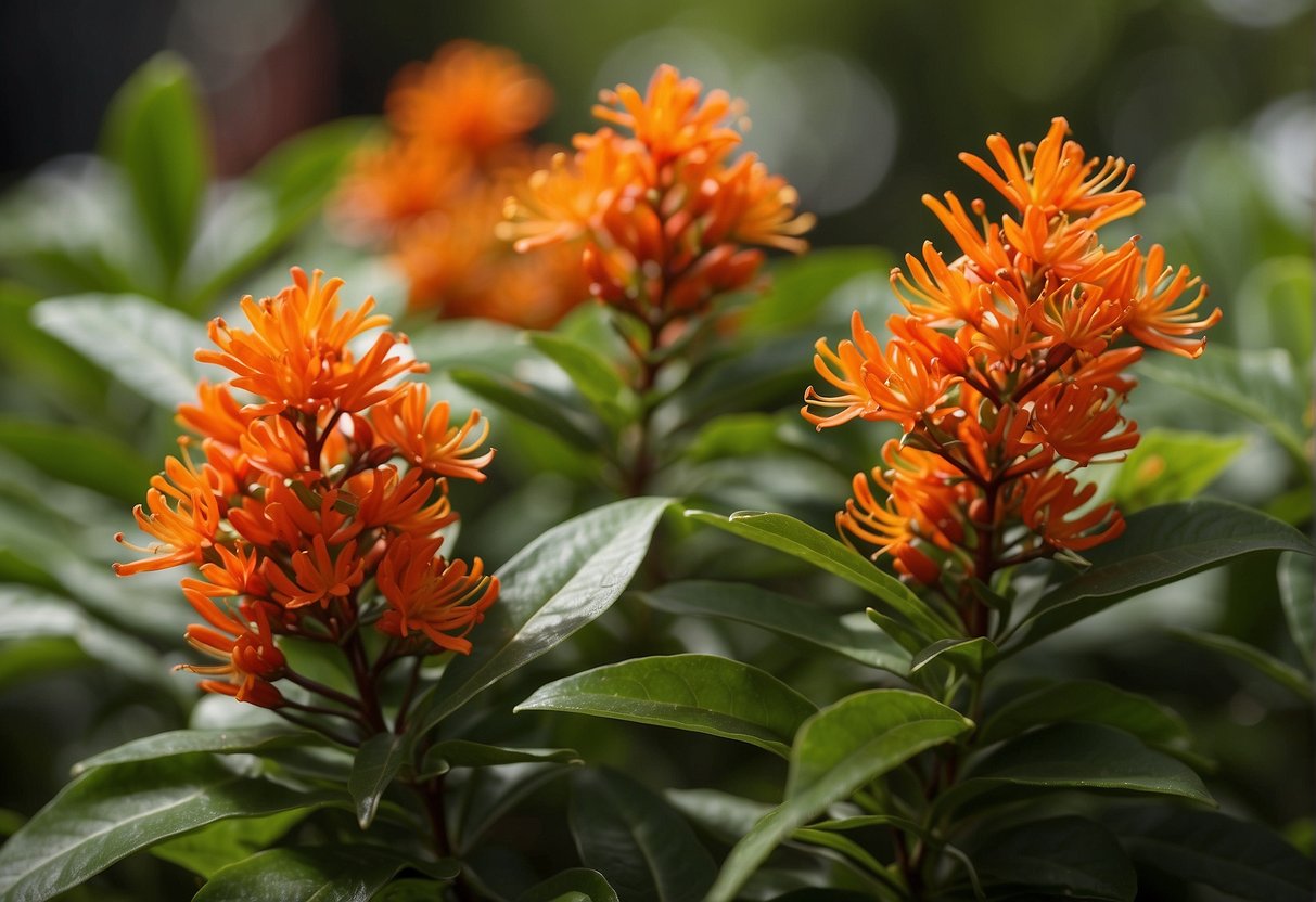 A small dwarf firebush plant with vibrant red-orange flowers, glossy green leaves, and a compact, bushy growth habit, reaching a height of 3-4 feet
