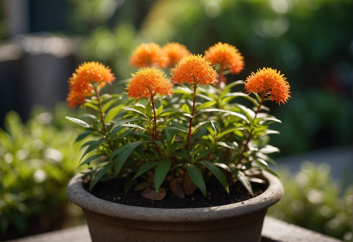 A small dwarf firebush plant grows in a well-tended garden, surrounded by other vibrant flowers and green foliage