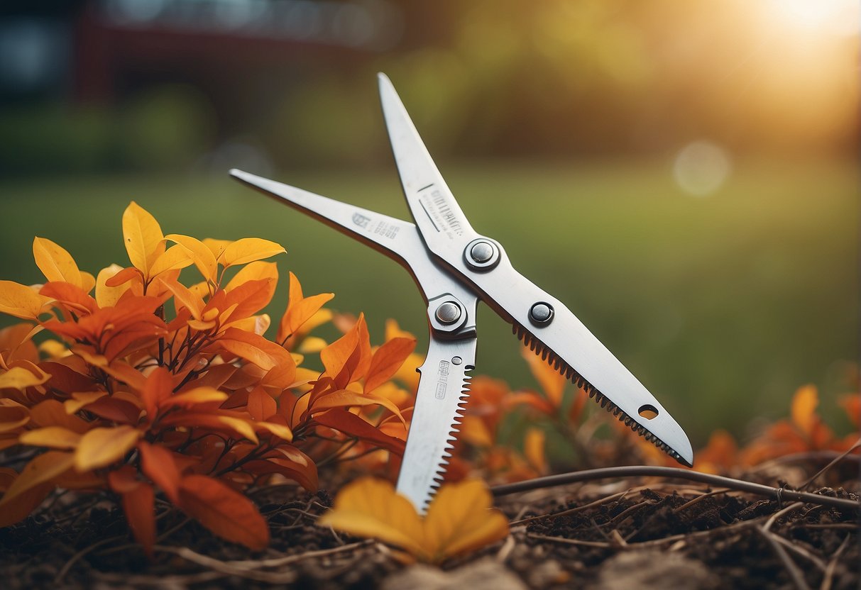 A pair of gardening shears trims a vibrant firebush plant in a sunny backyard. Fallen leaves and twigs litter the ground