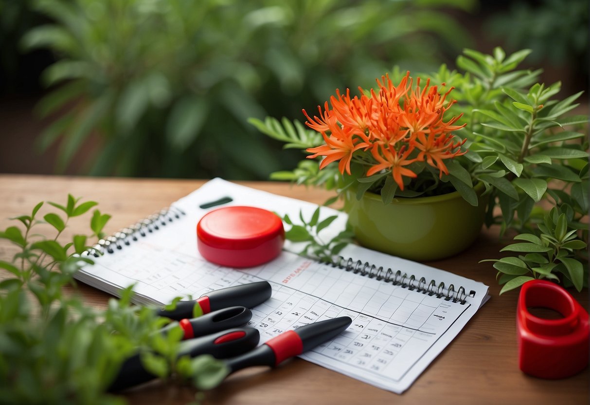 Bright green firebush plant with red flowers, surrounded by gardening tools and a calendar marked with seasonal trimming dates