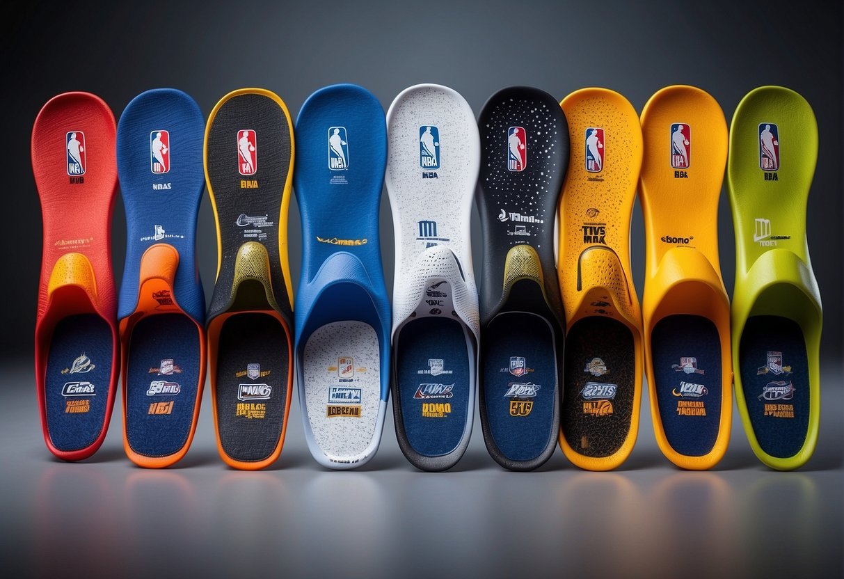 NBA players' insoles displayed with various sizes and designs, accompanied by a range of fitting and maintenance tools