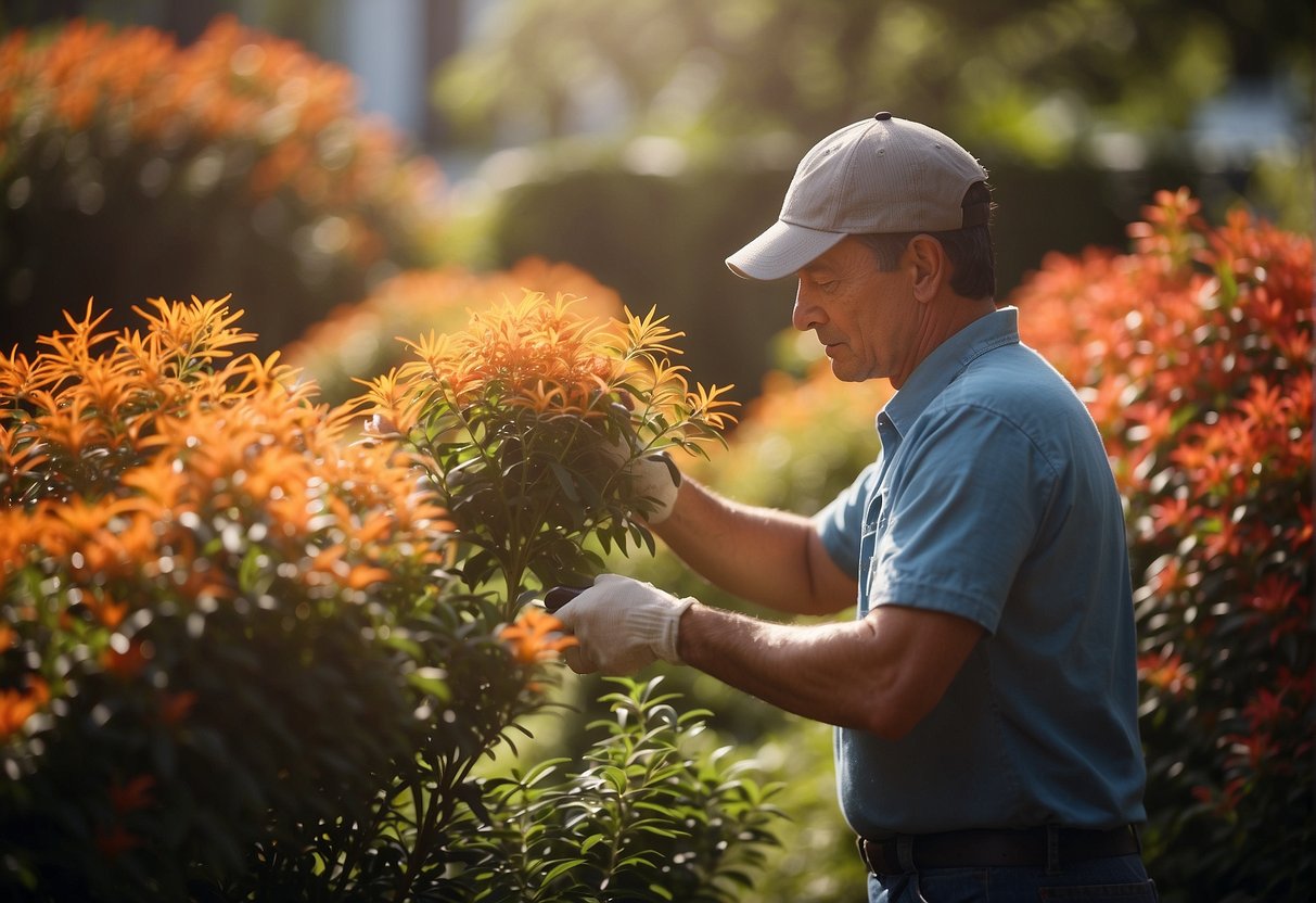 A gardener tends to a vibrant firebush plant, carefully pruning and watering it in a sunny garden bed