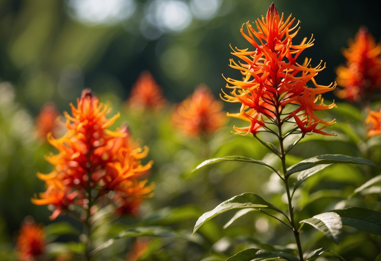 A vibrant firebush plant stands tall against a backdrop of lush green foliage, its fiery red-orange flowers attracting hummingbirds and butterflies