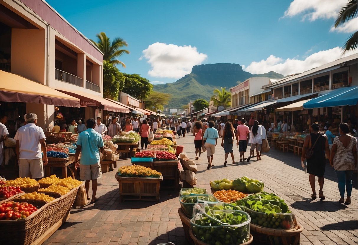 People enjoying shopping and entertainment in Mauritius, with colorful shops, bustling markets, and lively entertainment venues in the background