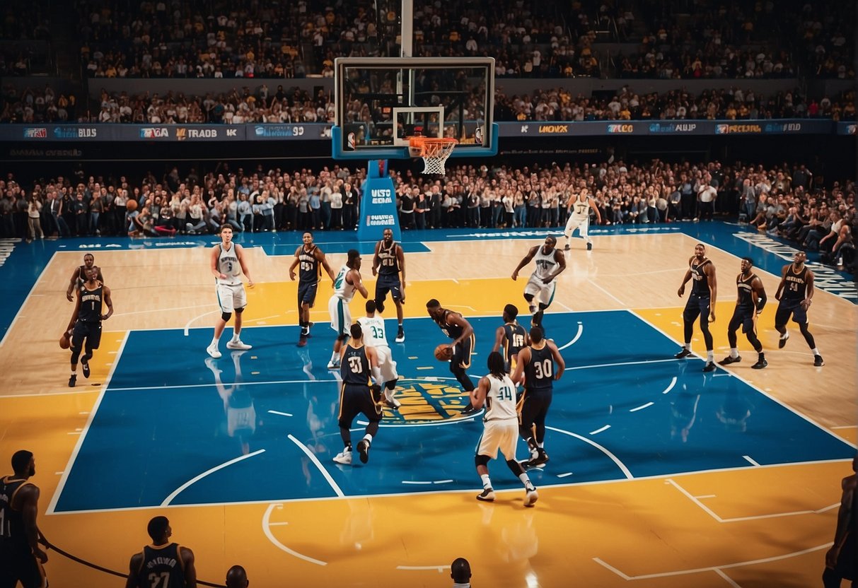 A basketball court with players in action, surrounded by NBA photographers capturing the game from different angles and perspectives