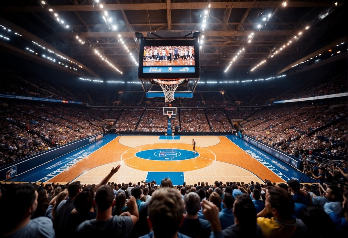 A basketball court with a photographer capturing NBA players in action, surrounded by cheering fans and bright stadium lights