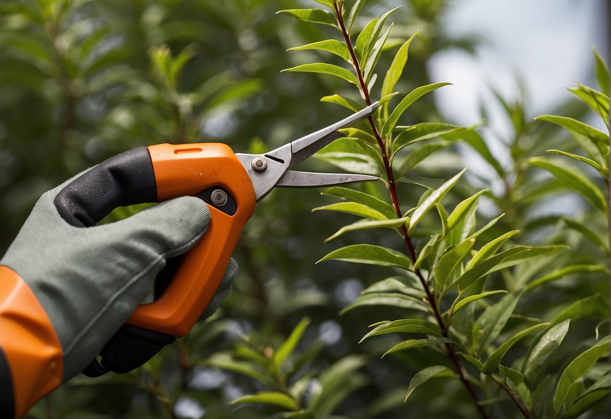 The firebush branches are being trimmed with sharp pruning shears. The cut stems are neatly removed and the plant is shaped into a tidy, compact form