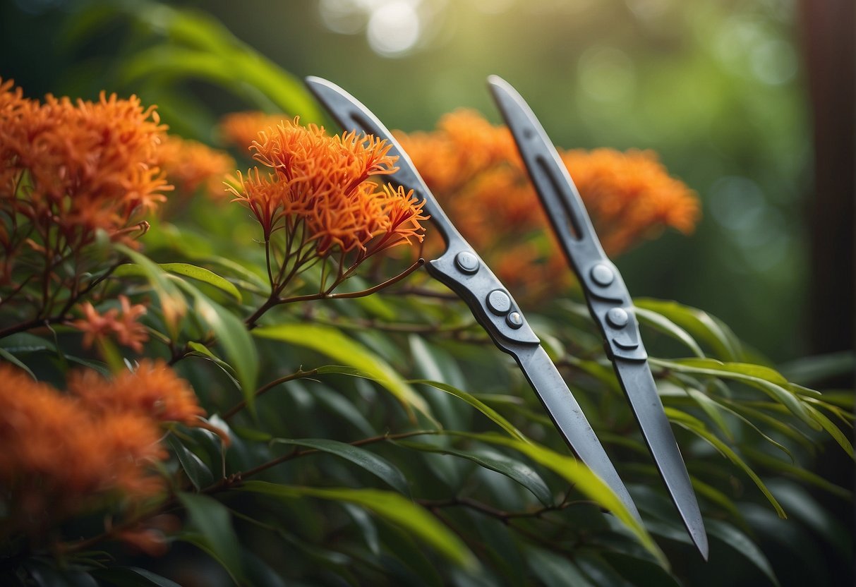 A pair of gardening shears trims back the overgrown branches of a vibrant firebush plant, creating a neat and tidy appearance