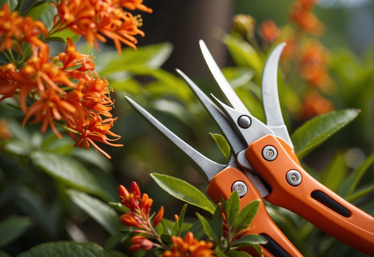 A pair of gardening shears trimming back a vibrant firebush plant in a sunny garden setting