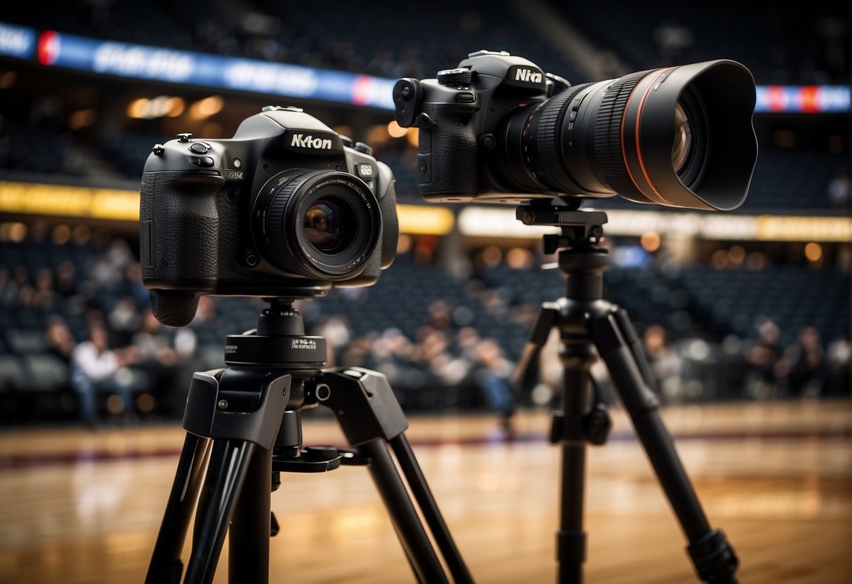 A camera, tripod, and lighting setup. NBA logos and basketball gear. Skills in action photography and editing
