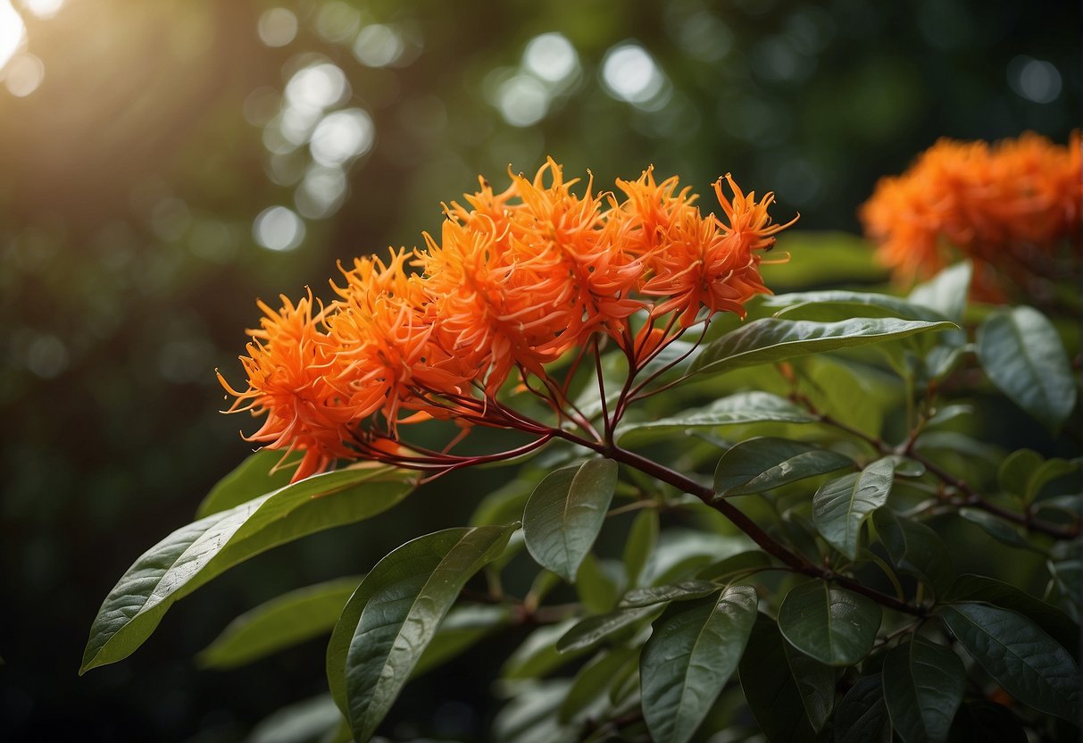 A firebush reaches 6-10 feet in height, with vibrant red-orange flowers and dark green leaves