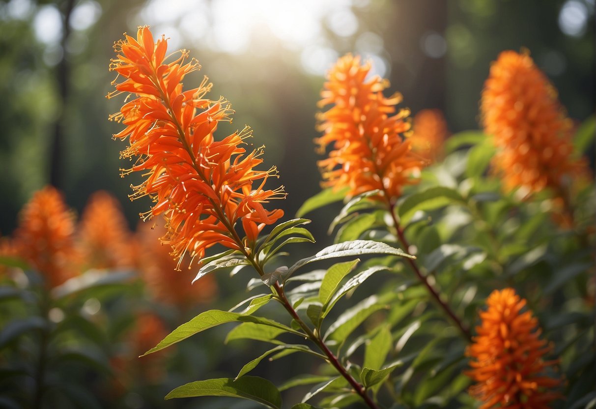 A firebush grows tall, reaching up to 10 feet in height. It is adorned with vibrant red-orange tubular flowers, attracting hummingbirds and butterflies