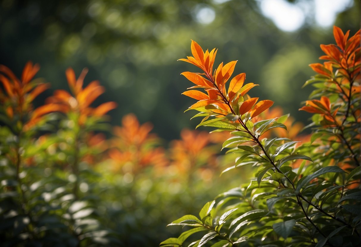 A firebush rises tall, reaching for the sky with vibrant red and orange leaves, standing out against the green foliage of its surroundings