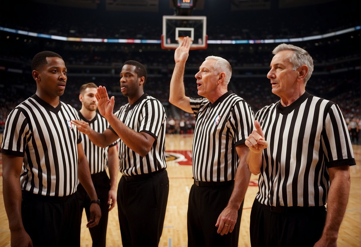 NBA referees in striped shirts stand on the basketball court, blowing their whistles and signaling fouls with hand gestures. Each referee's number is prominently displayed on the back of their shirt