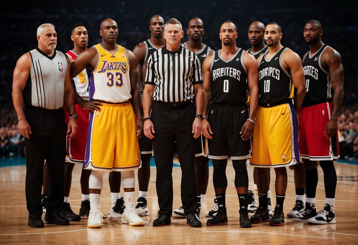 A group of NBA referees stand in a line, each wearing a numbered jersey to indicate their seniority and assignment within the league