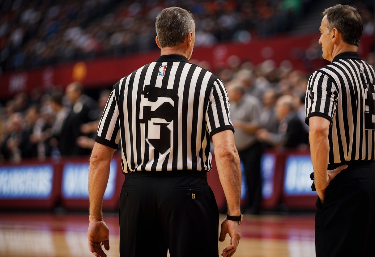 A group of NBA referees stand in a line, each wearing a numbered jersey. They gesture and communicate with players on the court