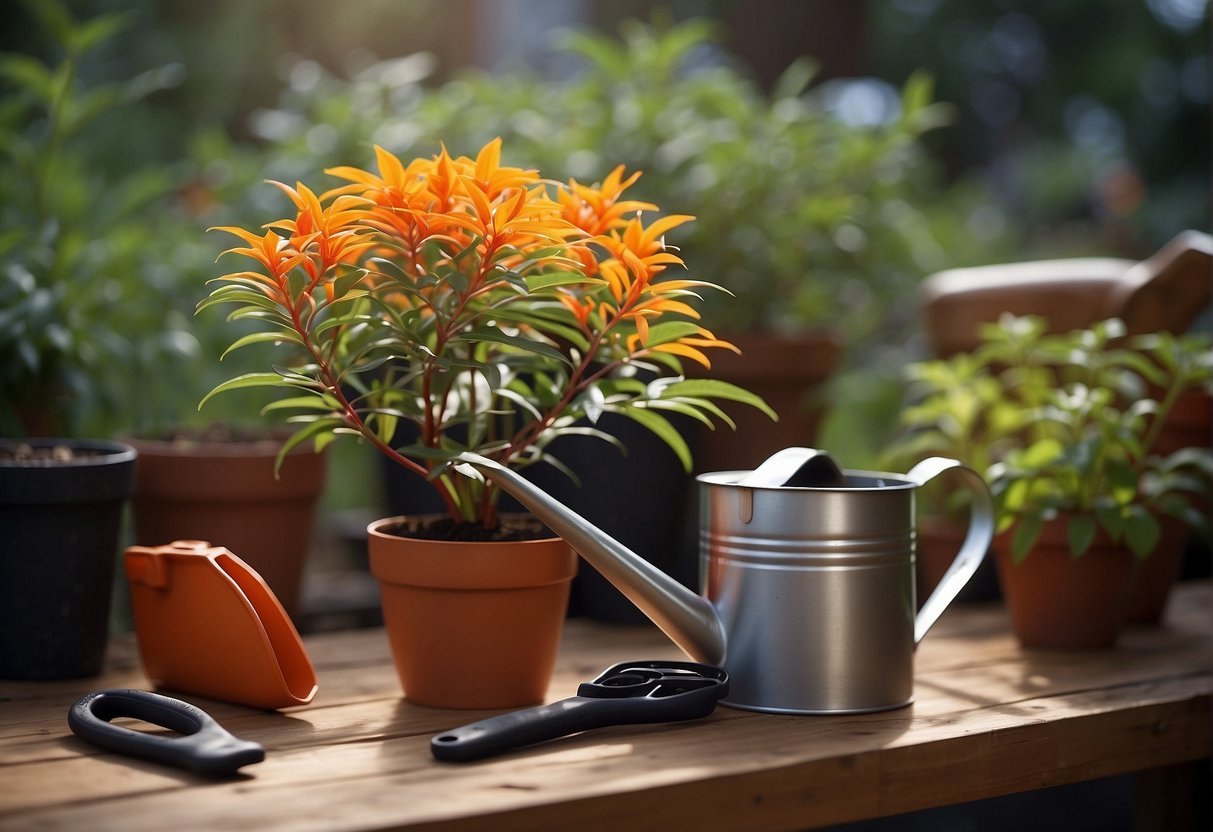 A firebush plant surrounded by gardening tools and a watering can, with a FAQ list on caring for the plant in the background