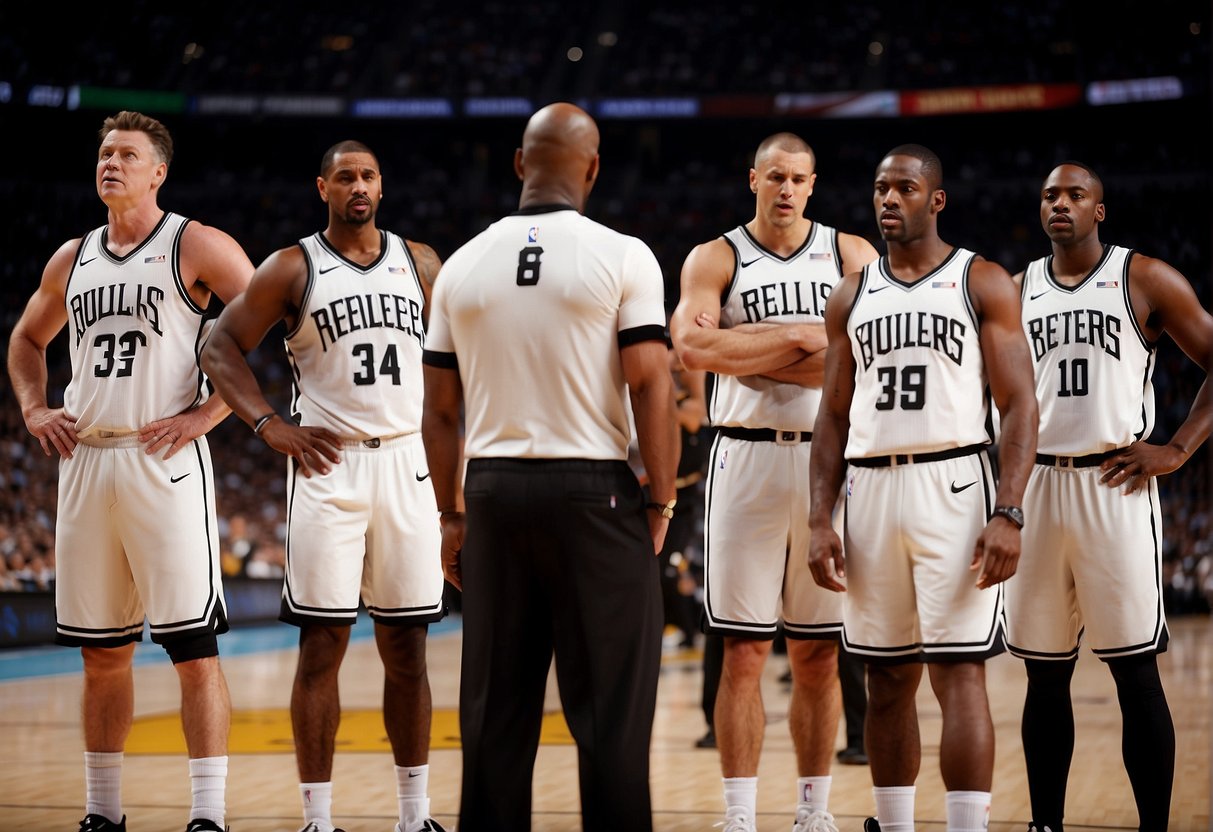 A group of NBA referees stand on the court, each wearing a numbered jersey. They blow their whistles and signal fouls while closely watching the players' movements