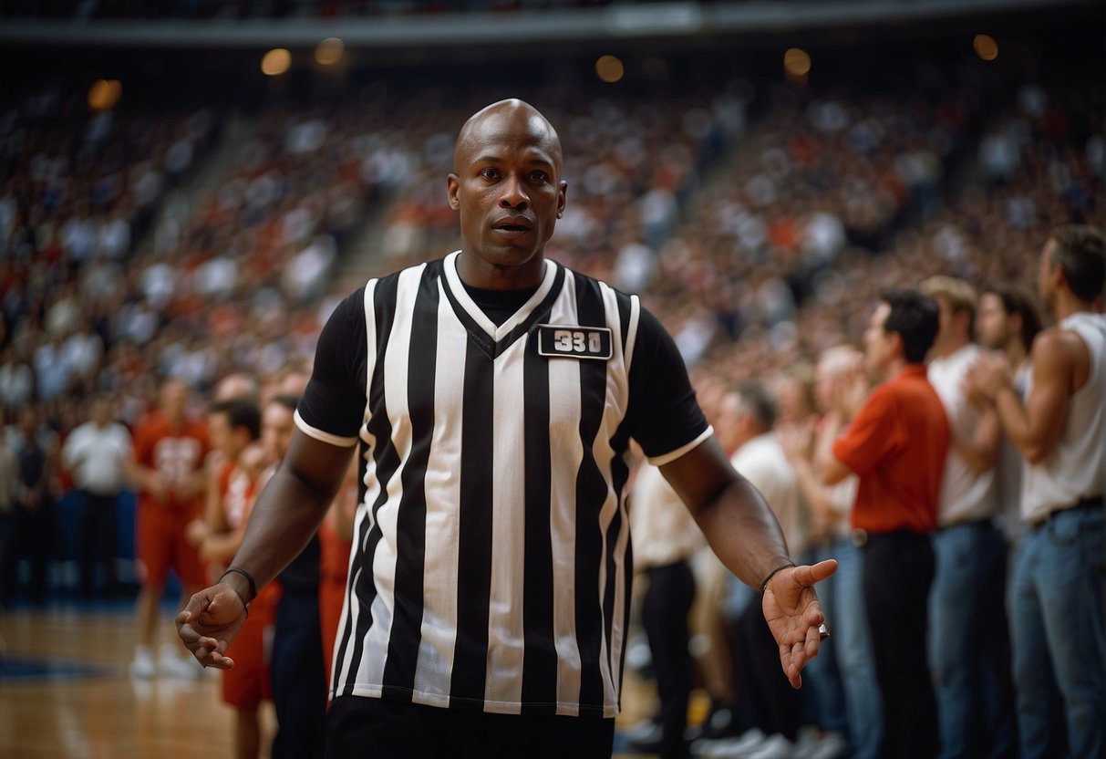 Referee numbers visible on jerseys in basketball game, surrounded by crowd, emphasizing transparency and accountability in officiating