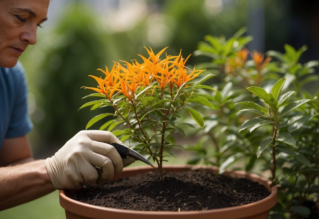 A firebush plant is being carefully pruned and its stem is being cut at a 45-degree angle. The cut stem is then dipped in rooting hormone before being placed in a pot of moist soil