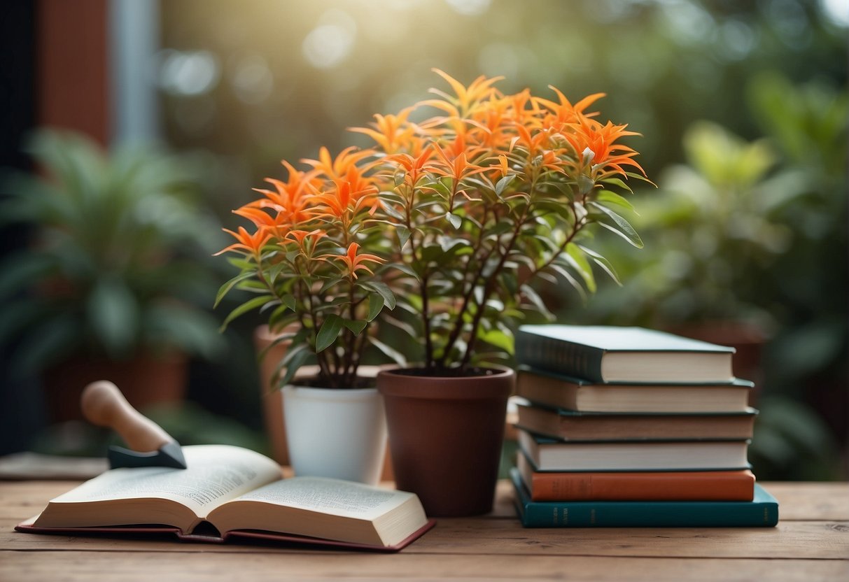 A firebush plant surrounded by gardening tools, with a hand holding a gardening book open to the propagation section