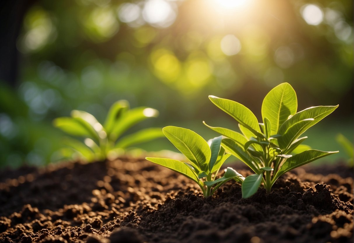 Bright sunlight shines on a lush garden bed with rich, well-draining soil. The air is warm and humid, with a gentle breeze blowing through the vibrant green leaves of the firebush plant