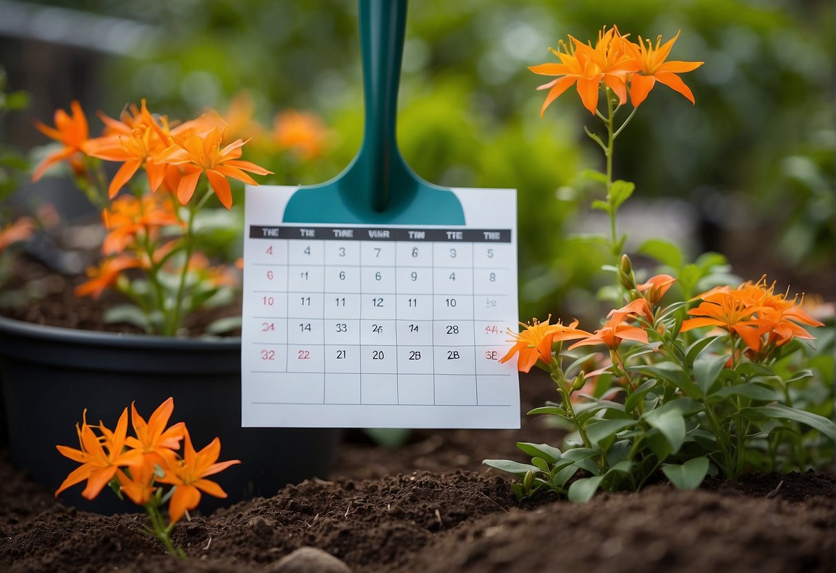 A garden with a variety of plants, a shovel, and a calendar showing the best time to plant firebush
