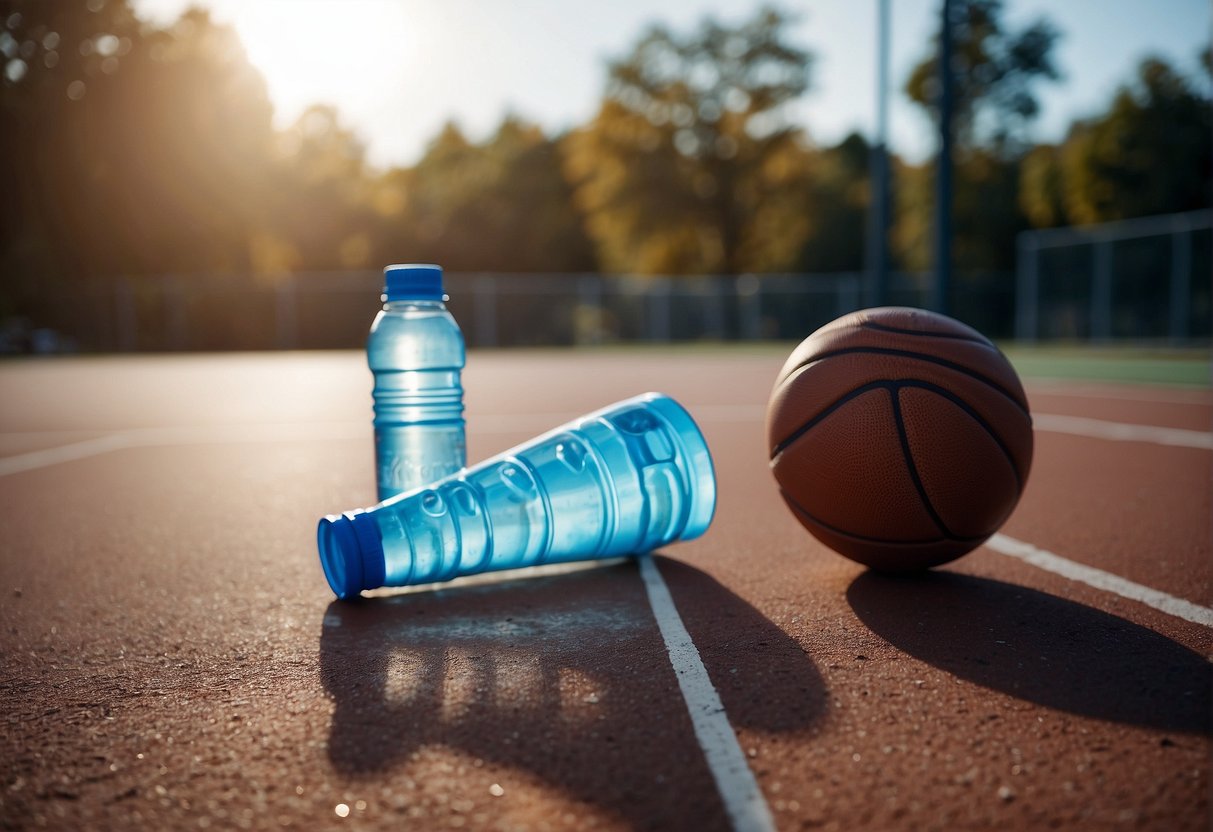 A basketball court with a player's water bottle and a container of creatine powder on the sidelines