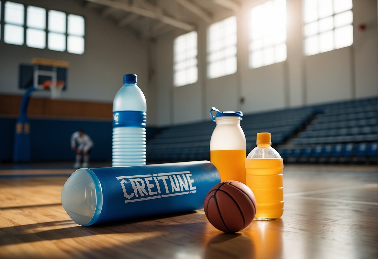 A basketball court with a bottle of creatine and a player's water bottle on the sidelines, surrounded by athletic equipment and a poster of "Practical Guidelines for Creatine Use."