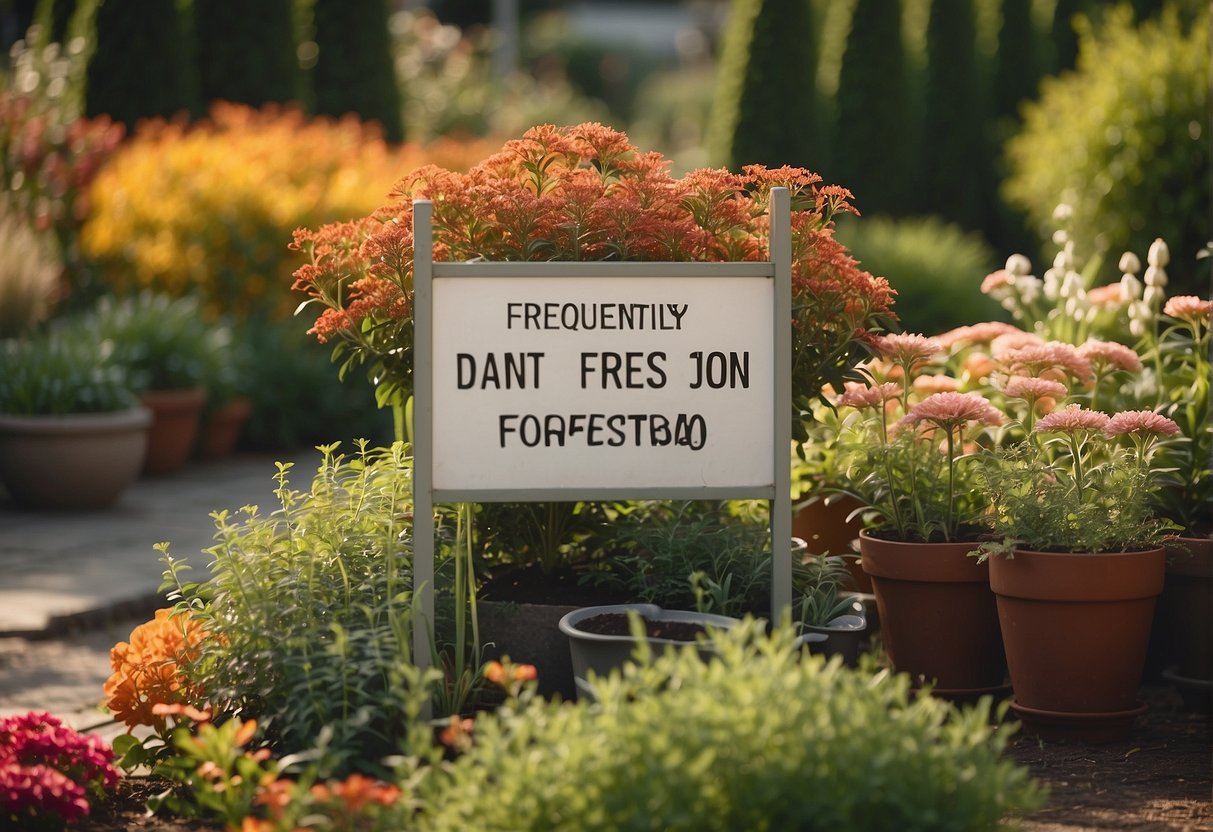 A garden with a sign "Frequently Asked Questions: Where to plant firebush" surrounded by various plants and flowers