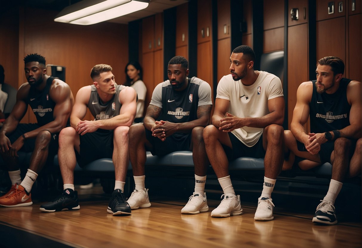 A group of NBA players in a locker room, some holding containers of creatine while others discuss its potential side effects and considerations
