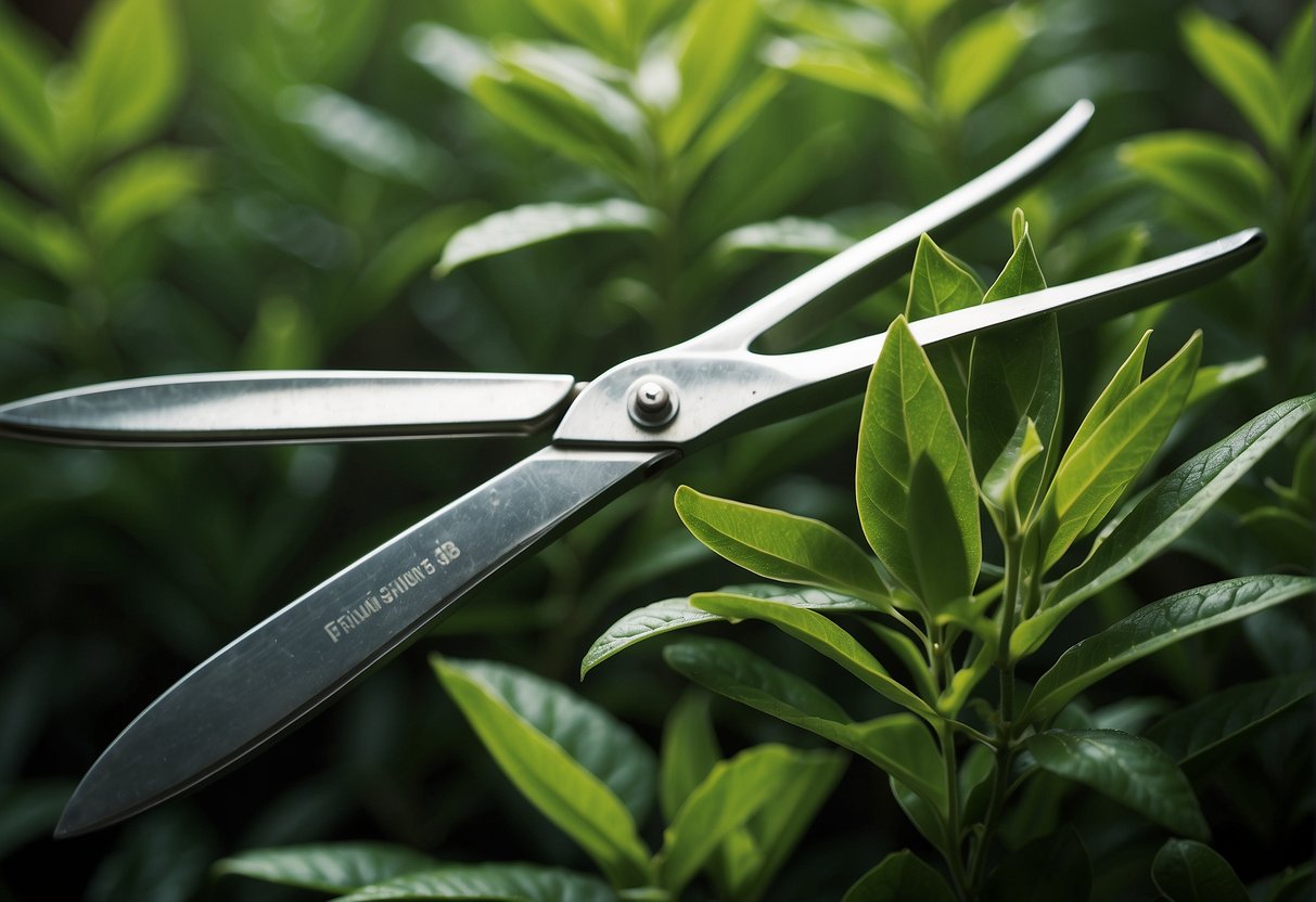 A pair of gardening shears trims the vibrant green leaves of a firebush plant, shaping it into a neat and tidy form