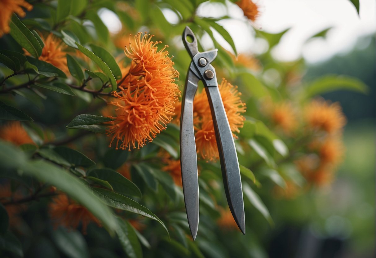 A pair of gardening shears trimming a firebush plant with a vibrant orange-red bloom