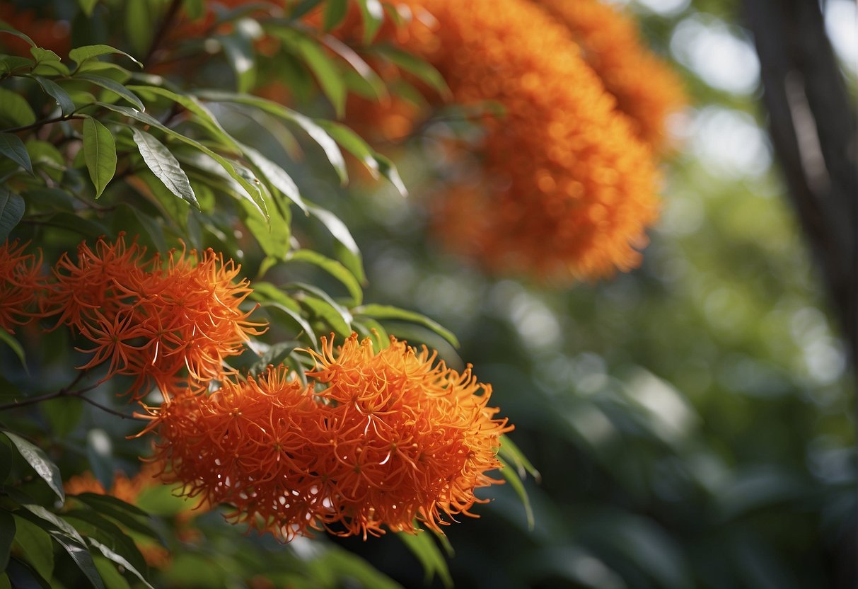 A towering firebush reaches 10 feet in height, with vibrant red and orange blooms cascading from its branches