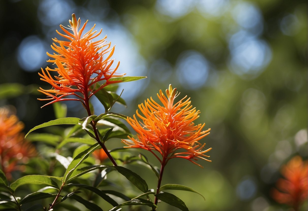 The firebush plant grows up to 8 feet tall with bright red tubular flowers and glossy green leaves. It thrives in full sun and well-drained soil, attracting hummingbirds and butterflies
