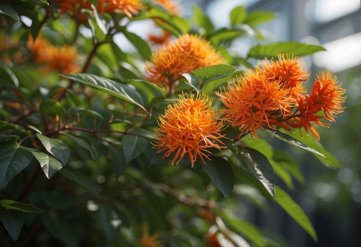 Lush firebush plant grows tall, with vibrant red-orange flowers and glossy green leaves. A gardener carefully tends to it, pruning and watering