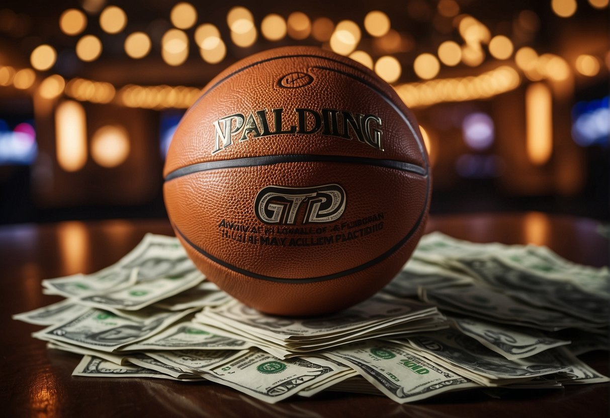 A basketball with "GTD" written on it sits next to a pile of betting slips and promotional flyers. The basketball is surrounded by flashing lights and a crowd of excited fans