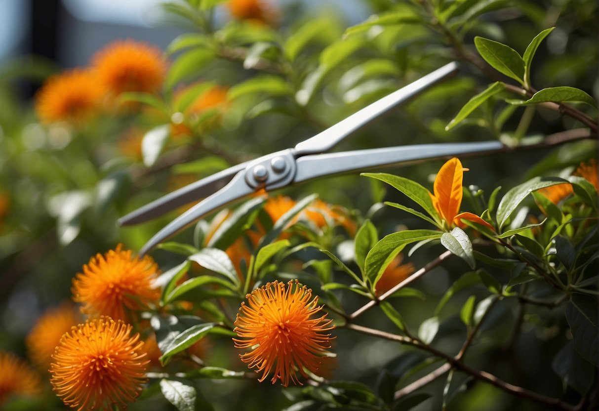 Lush green firebush plant with vibrant orange flowers, being pruned with sharp garden shears