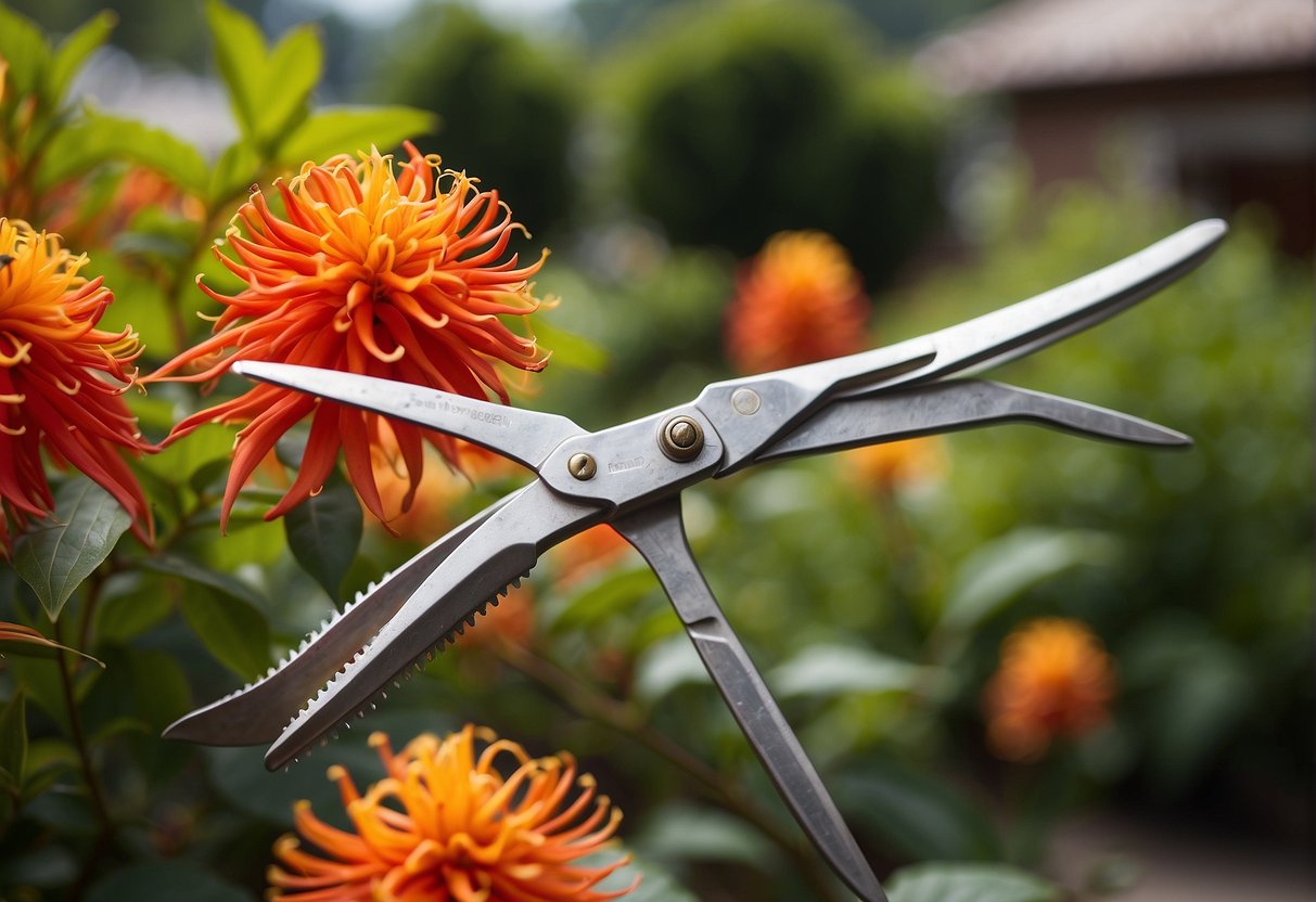 A pair of gardening shears cutting back a vibrant firebush plant in a well-maintained garden